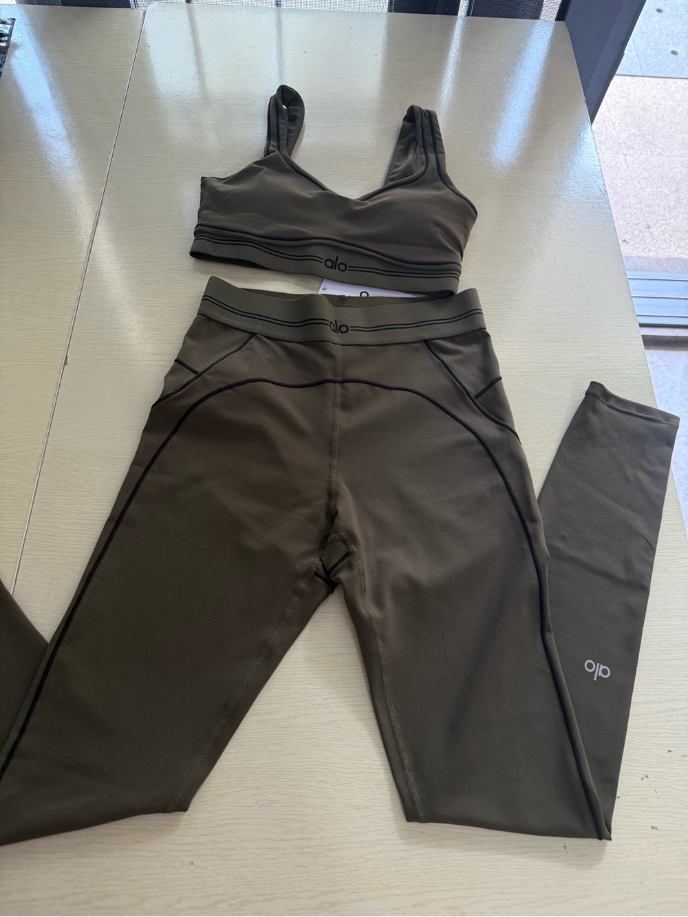 ALO Yoga Olive Sports Bra and Leggings Set